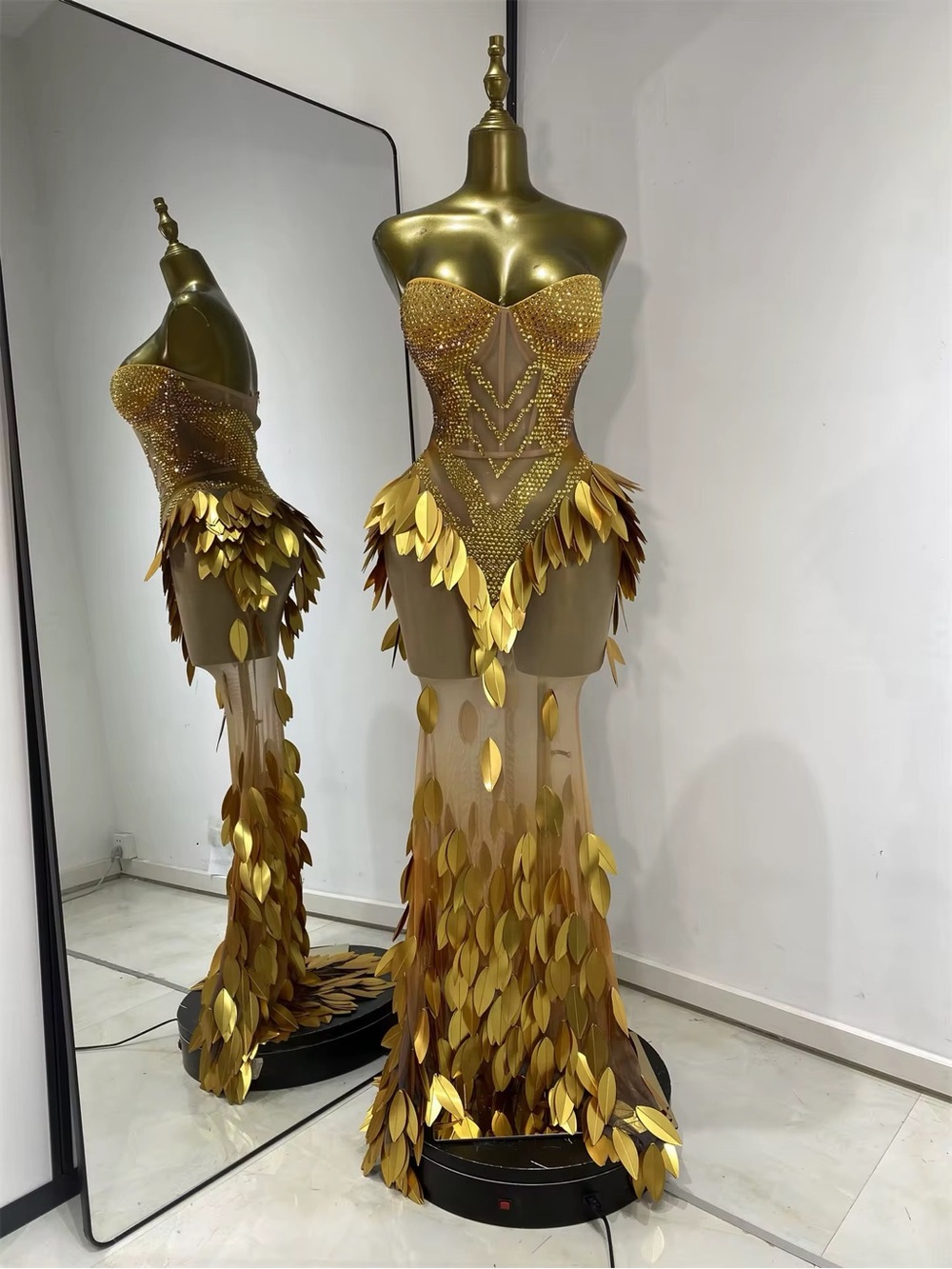 Gold Sequin Leaf Embellished Evening Gown